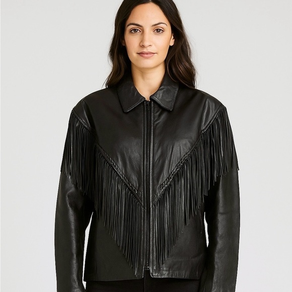 LEATHER FRINGE BIKER JACKET SILVER BIKE WOMENS SZ XXL BLACK Moto - Picture 2 of 14